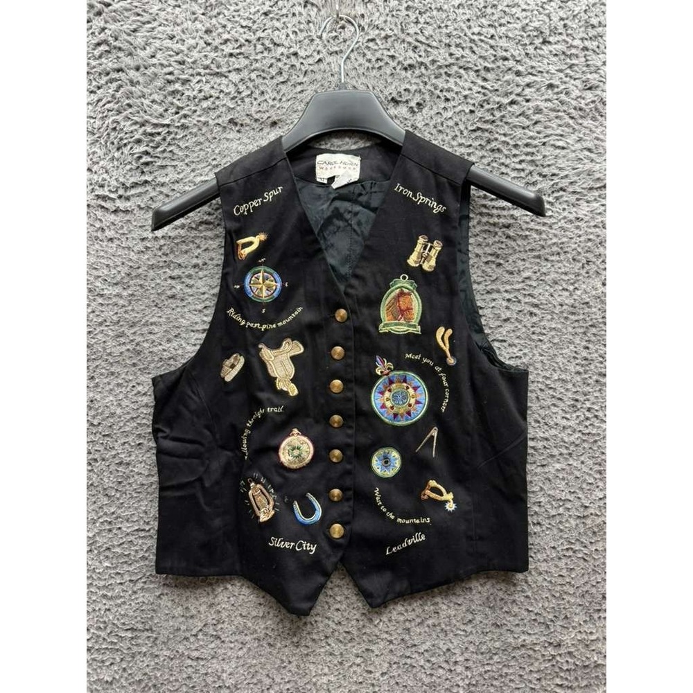 Vintage Carol Horn Workshop Embroidered Cotton Canvas Vest Black Mens Size M